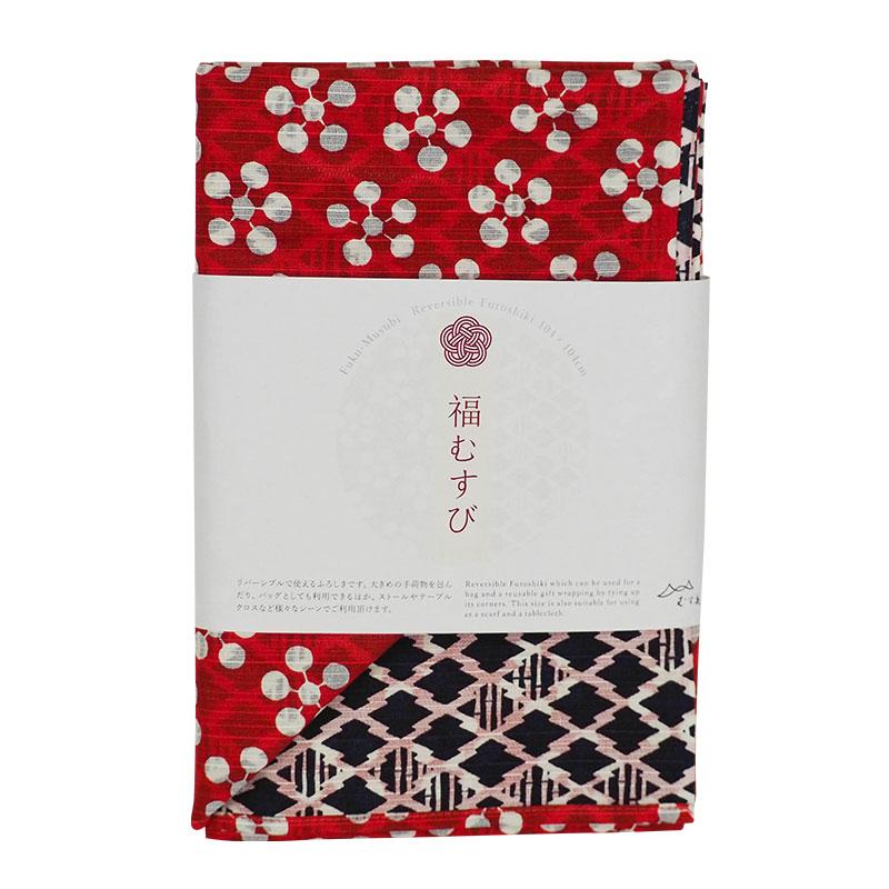104 Large Reversible Furoshiki Apricot/Pine and Bamboo Red/Navy - Image 2