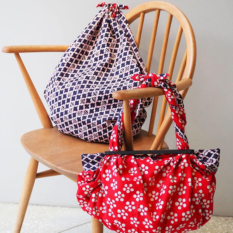 104 Large Reversible Furoshiki Apricot/Pine and Bamboo Red/Navy - Image 3
