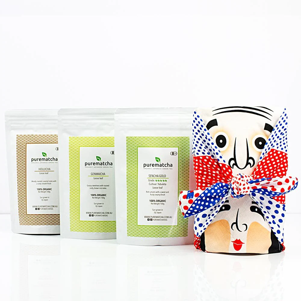 Three Japanese Teas (300g) Wrapped in Furoshiki