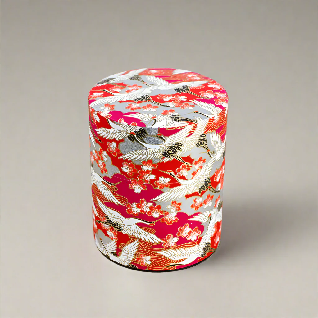 CRANE Red Japanese Washi Tea Canister 200g (Wide) - Image 6